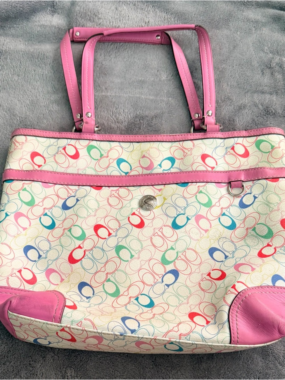 Coach Multicolor Signature Canvas Tote with Pink Trim